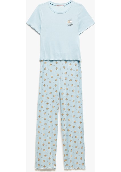 Viskon Kaşkorse Kısa Kollu Bisiklet Yaka Baskılı Pijama Takımı modelleri