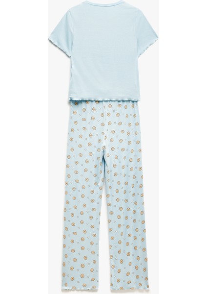 Viskon Kaşkorse Kısa Kollu Bisiklet Yaka Baskılı Pijama Takımı fırsatları