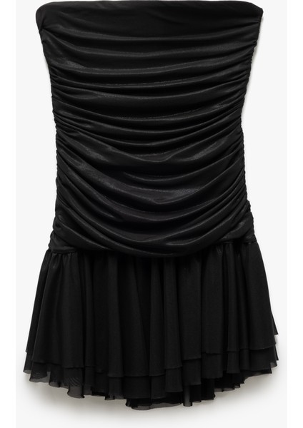 Drape Detaylı Kolsuz Straplez Volanlı Mini Abiye Elbise
