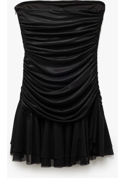 Drape Detaylı Kolsuz Straplez Volanlı Mini Abiye Elbise