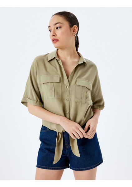 Bağlama Detaylı Viskon Kısa Kollu Crop Oversize Gömlek