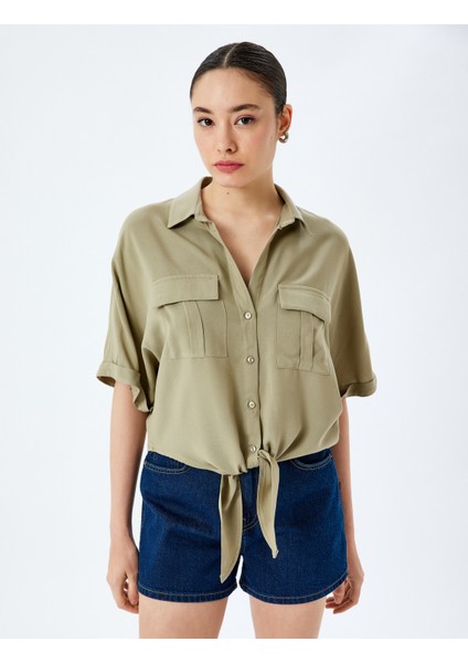 Bağlama Detaylı Viskon Kısa Kollu Crop Oversize Gömlek modelleri