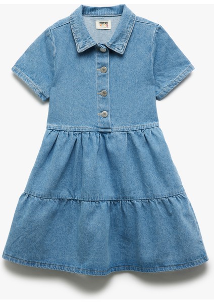 Pamuklu Kısa Kollu Gömlek Yaka Denim Elbise