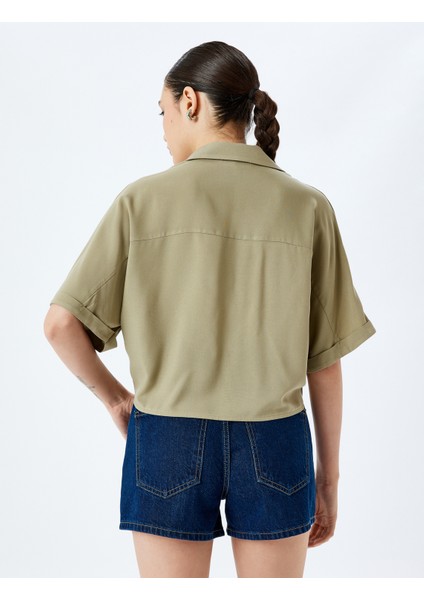 Bağlama Detaylı Viskon Kısa Kollu Crop Oversize Gömlek