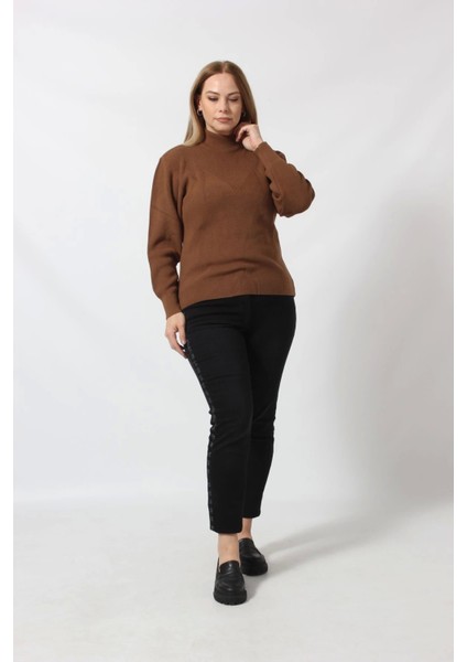 Çizgi Örgü Detaylı Kalın Balıkçı Yaka Kazak