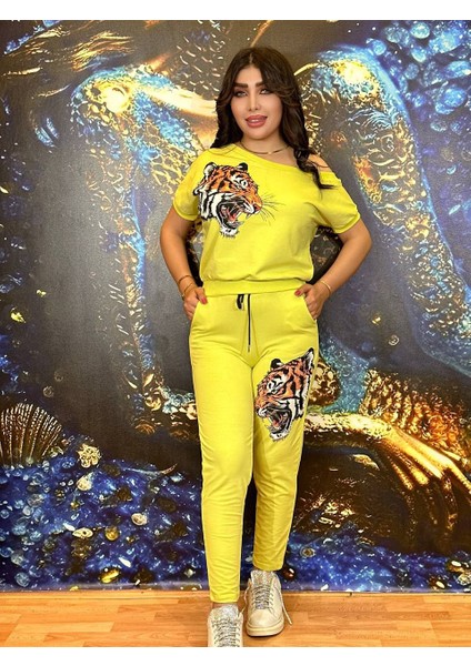 Takım Pantolonlu Ikili Spor Pamuklu Kumaş Yüksek Kalite Taşlı Açık Yaka Yeşil