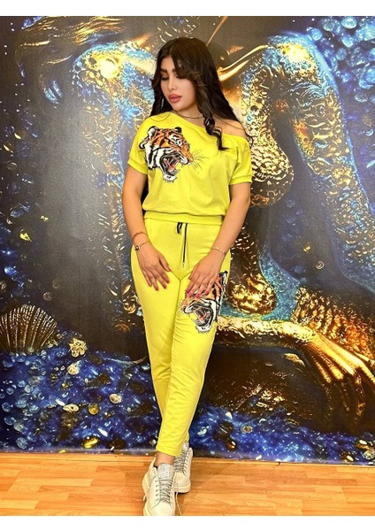 Takım Pantolonlu Ikili Spor Pamuklu Kumaş Yüksek Kalite Taşlı Açık Yaka Yeşil fiyatları