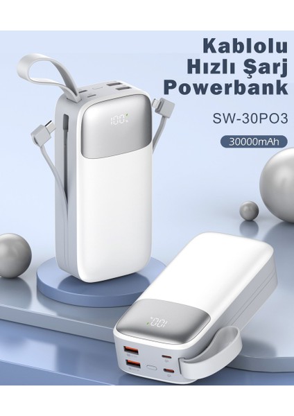 30000 mAh PD 22.5 W Hızlı Şarj Kendinden Kablolu Type-C & Lightning Powerbank Beyaz SW-30PO3