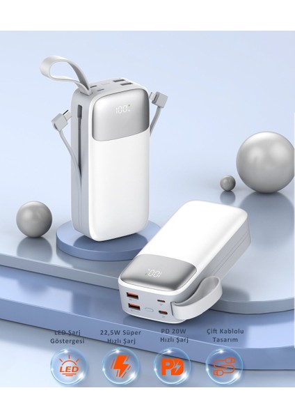 30000 mAh PD 22.5 W Hızlı Şarj Kendinden Kablolu Type-C & Lightning Powerbank Beyaz SW-30PO3