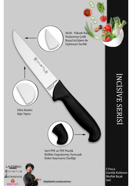 Incisive Serisi Mutfak Bıçak Seti Et Ekmek Sebze Bıçağı 5 Li Set Günlük Kullanım