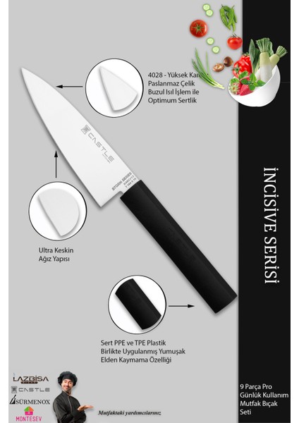 Incisive Serisi Mutfak Bıçak Seti Et Ekmek Sebze Şef Bıçağı 9 Lu Set Günlük Kullanım ( MFT-748 )