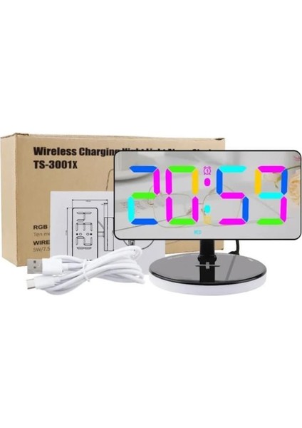 Sanec LED Dijital Saat Kablosuz ve Kablolu Telefon Şarjlı Rgb Aynalı 11 Renkli