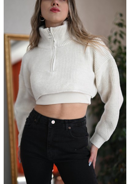 Fermuarlı Crop Sweatshirt