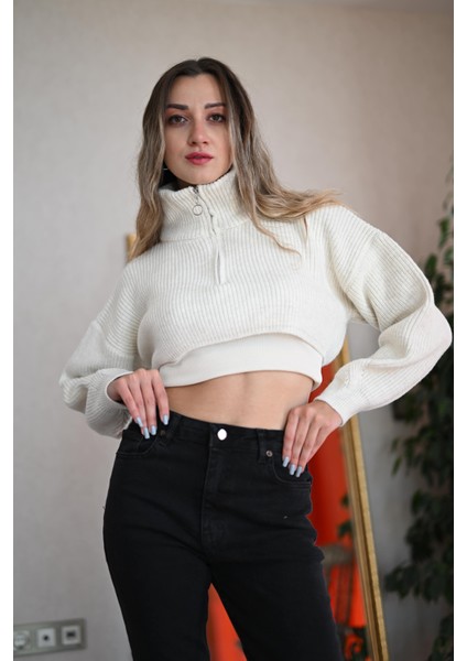 Fermuarlı Crop Sweatshirt