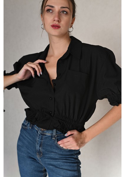Kolları Büzgülü Siyah Gömlek fiyatları
