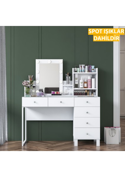 BJ141 Hollywood Işıklı Aynalı Kulis Makyaj Masası Cam Tablalı 6 Çekmeceli Takı Düzenleyici Beyaz