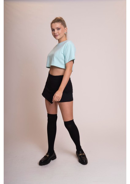Delicate Kadın Mavi Oversize Kısa Kollu Crop Tişört – %100 Pamuk Sırtı Baskılı Disco Top Tasarımı, Günlük Rahat Stil, Sokak Modası modelleri