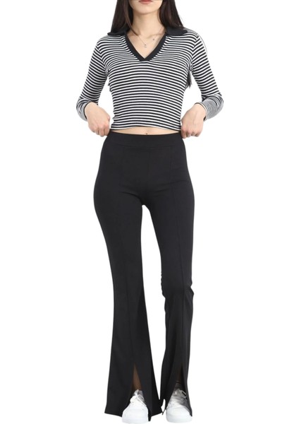 Kadın Siyah Yüksek Bel Ön Yırtmaçlı Ispanyol Paça Tayt