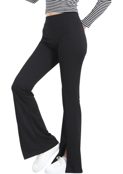 Kadın Siyah Yüksek Bel Ön Yırtmaçlı Ispanyol Paça Tayt modelleri