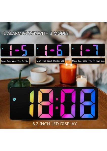 Renkli LED Dijital Saat Çalar Saatli Parlaklık Ayarlı