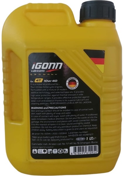 4t 10W40 1 Litre Dört Zamanlı Mototsiklet Yağı (Üretim Yılı: 2024)