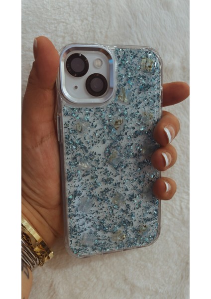 Iphone 13/14 Uyumlu Krom Kamera Çerçeveli Sert Slikon Sim Parçacıklı Kılıf