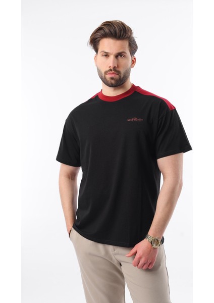 Siyah Bisiklet Yaka Baskılı Erkek Tişört E7114