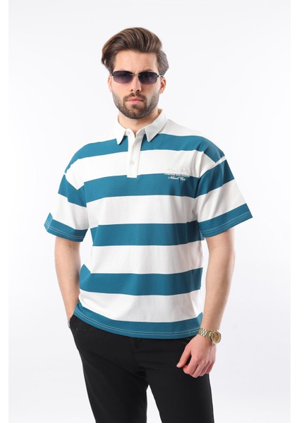 Petrol Mavisi Oversize Renk Bloklu Polo Yaka Tişört E7120 fiyatları