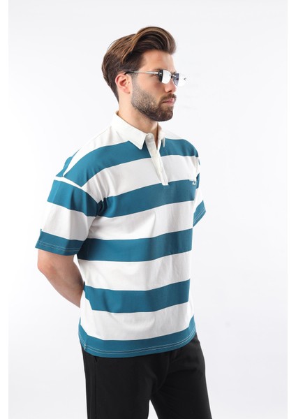 Petrol Mavisi Oversize Renk Bloklu Polo Yaka Tişört E7120 fırsatları