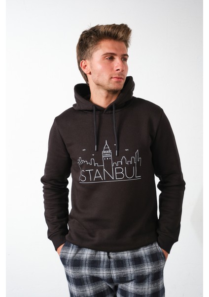 Istanbul Baskılı Kapüşonlu Basic Geniş Kesim Erkek Içi Polarlı Erkek Sweatshirt