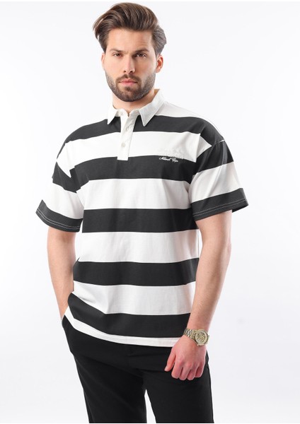 Siyah Oversize Renk Bloklu Polo Yaka Tişört E7120