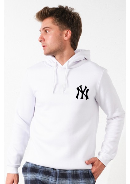 New York Baskılı Kapüşonlu Basic Geniş Kesim Erkek Içi Polarlı Erkek Sweatshirt