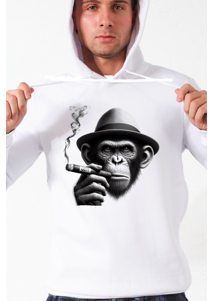 Maymun Quit Baskılı Kapüşonlu Basic Geniş Kesim Erkek Içi Polarlı Erkek Sweatshirt