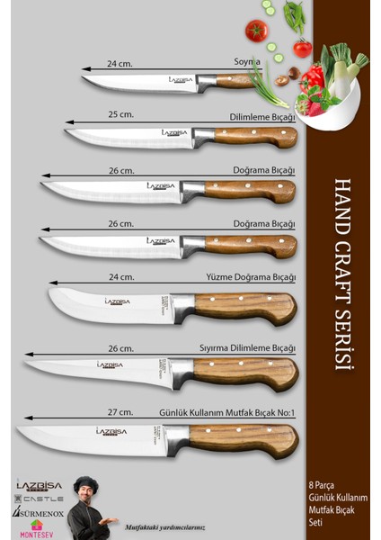 Hand Craft Pro Serisi Mutfak Bıçak Seti 8 Parça Et Ekmek Sebze Salata Börek Bıçağı (Mfp-8lzk)