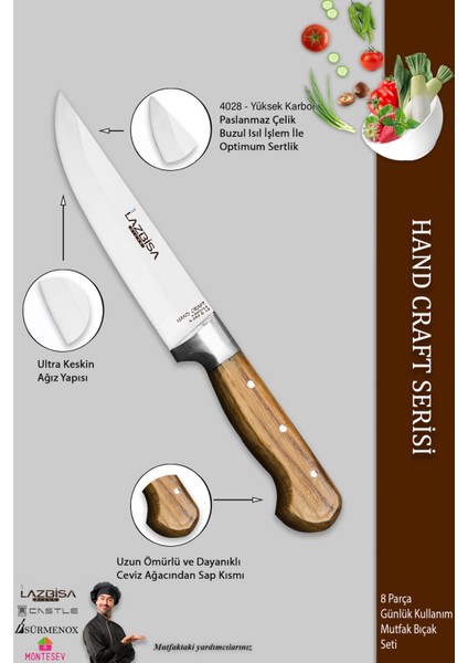 Hand Craft Pro Serisi Mutfak Bıçak Seti 8 Parça Et Ekmek Sebze Salata Börek Bıçağı (Mfp-8lzk)