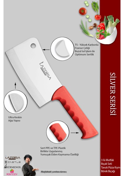 Silver Serisi Pide Börek Mutfak Bıçağı Salata Pizza Bıçak Kıyma Tavuk Satırı 3 Lü Set ( Mft-158 )