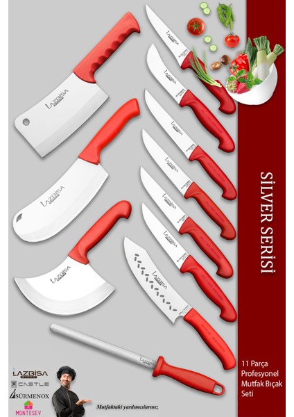 Silver Pro Serisi Mutfak Bıçak Seti 11 Parça Et Ekmek Sebze Börek Şef Bıçağı Masatı Satırı (MFP-784)