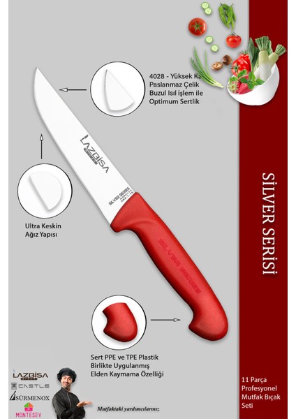 Silver Pro Serisi Mutfak Bıçak Seti 11 Parça Et Ekmek Sebze Börek Şef Bıçağı Masatı Satırı (MFP-784)