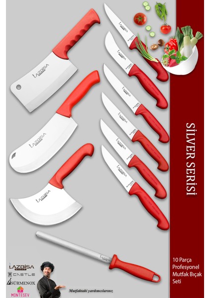 Silver Pro Serisi Mutfak Bıçak Seti 10 Parça Et Ekmek Sebze Soğan Börek Bıçağı Satırı (MFP-001)
