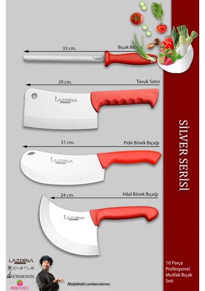 Silver Pro Serisi Mutfak Bıçak Seti 10 Parça Et Ekmek Sebze Soğan Börek Bıçağı Satırı (MFP-001) modelleri