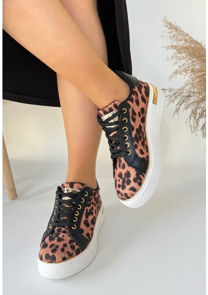 Leopar Saten Bağcıklı Spor Ayakkabı
