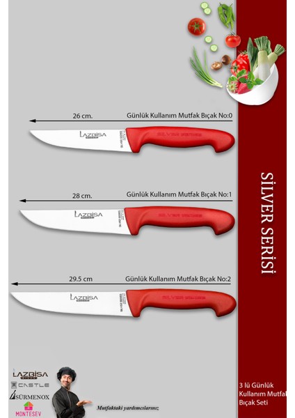 Silver Serisi Mutfak Bıçak Seti Et Ekmek Sebze Bıçağı 3 Lü Set Günlük Kullanım ( Mtf-220)