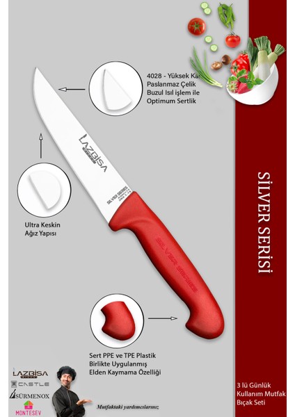 Silver Serisi Mutfak Bıçak Seti Et Ekmek Sebze Bıçağı 3 Lü Set Günlük Kullanım ( Mtf-220)