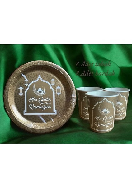 Hoşgeldin Ramazan Gold 8 Kişilik Tabak 8 Adet Bardak Gold Seri Set