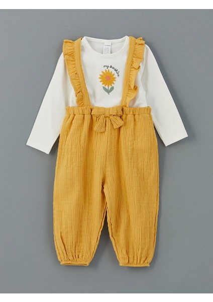 Bisiklet Yaka Kız Bebek Bluz ve Askılı Pantolon 2'li