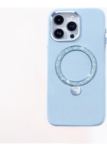 iPhone 15 Pro Kılıf Magsafe Şarj Özellikli Standlı Suni Deri Dancing Circle Serisi Kapak Mavi