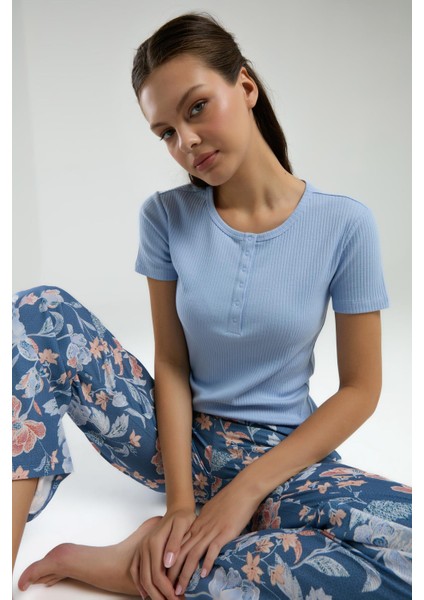 Üst Kaşkorse Alt Dokuma Kumaş Kadın Pijama Takım, Cep Detaylı