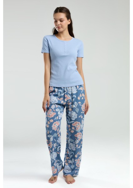 Üst Kaşkorse Alt Dokuma Kumaş Kadın Pijama Takım, Cep Detaylı