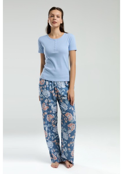 Üst Kaşkorse Alt Dokuma Kumaş Kadın Pijama Takım, Cep Detaylı