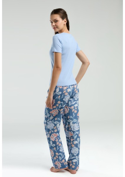 Üst Kaşkorse Alt Dokuma Kumaş Kadın Pijama Takım, Cep Detaylı